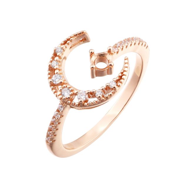 A rose gold one size fits most moon and star round semi mount.