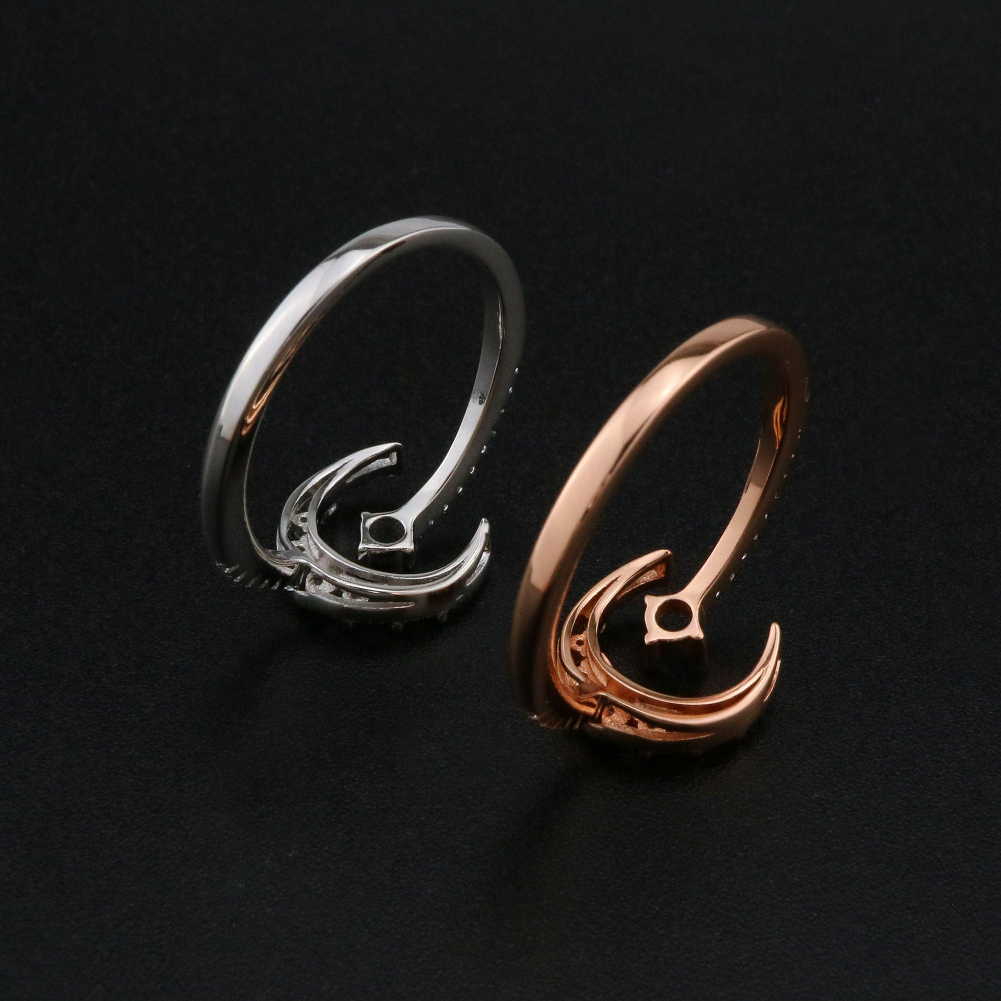 One silver and one rose gold one size fits most moon and star round semi mount.
