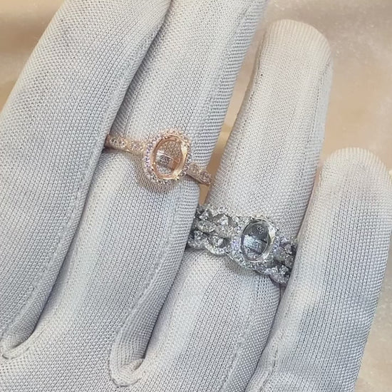 A hand wearing and displaying a sparkling silver 3 Piece wedding semi mount set  and rose gold halo engagement ring.