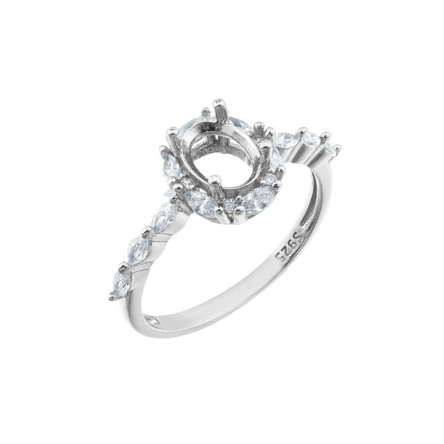 A silver vintage style halo semi mount with pave marquise gems.
