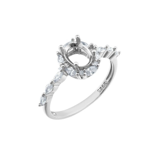 A silver vintage style halo semi mount with pave marquise gems.
