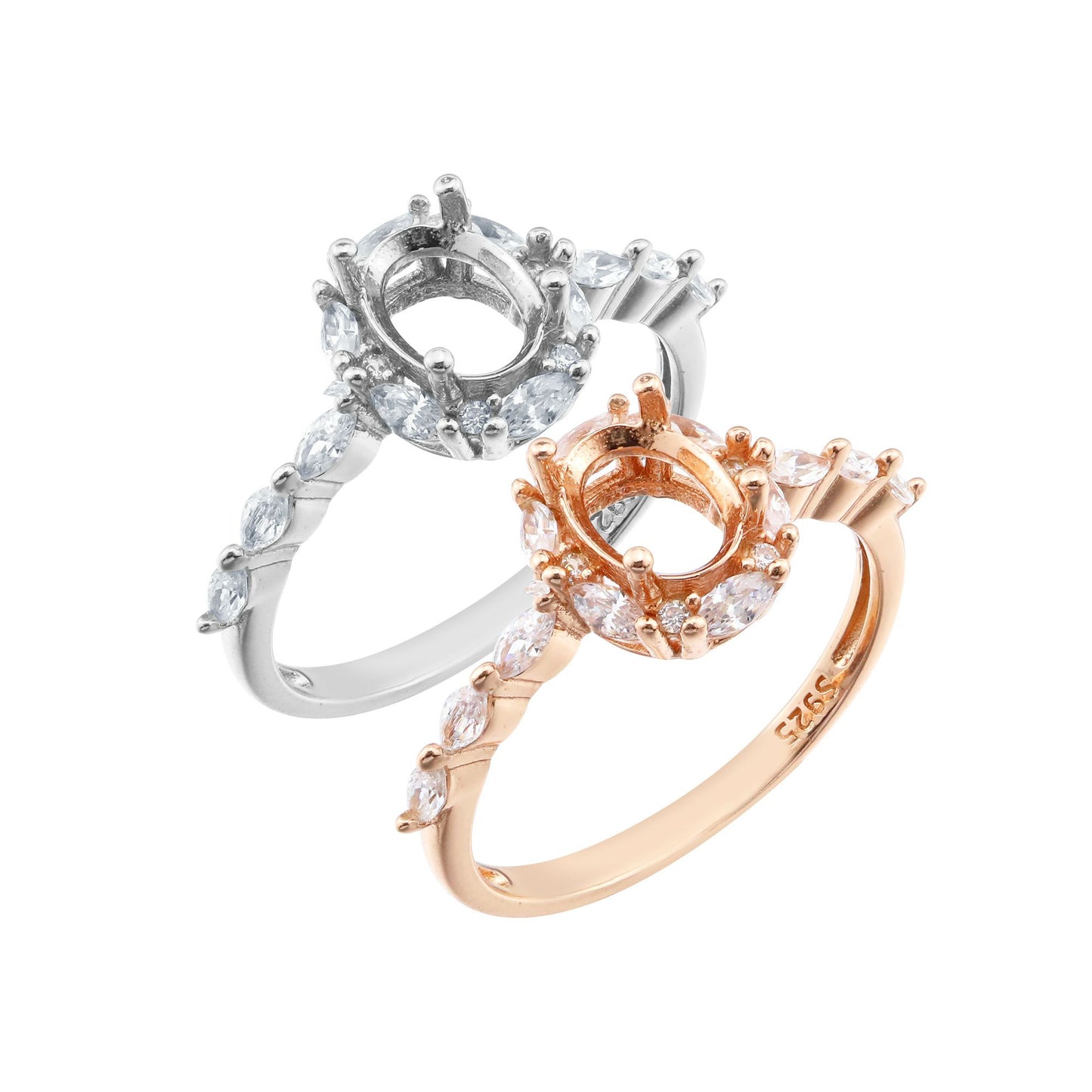 One rose gold and one silver vintage style halo semi mount with pave marquise gems.