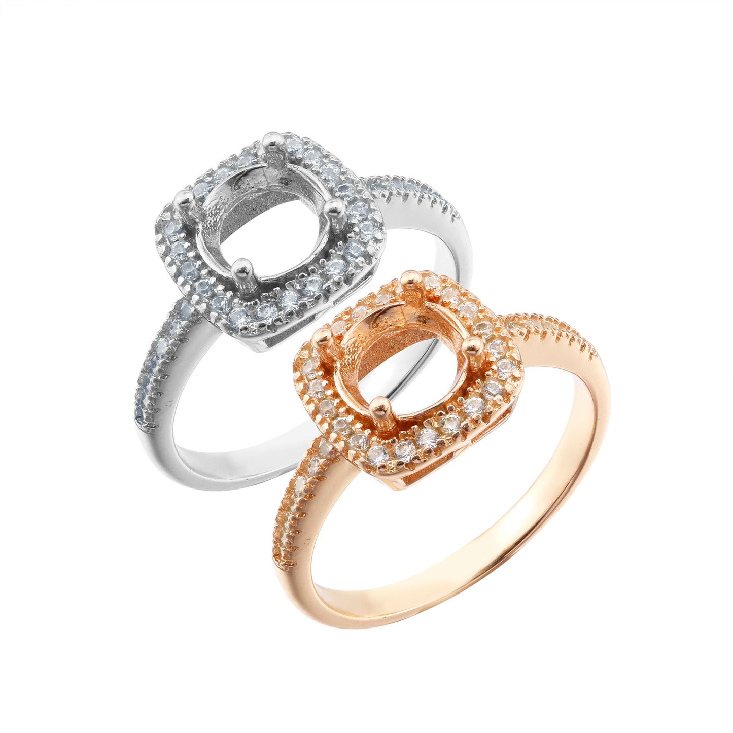 One silver and one rose gold semi mounts for a round gem with a slightly squared halo.