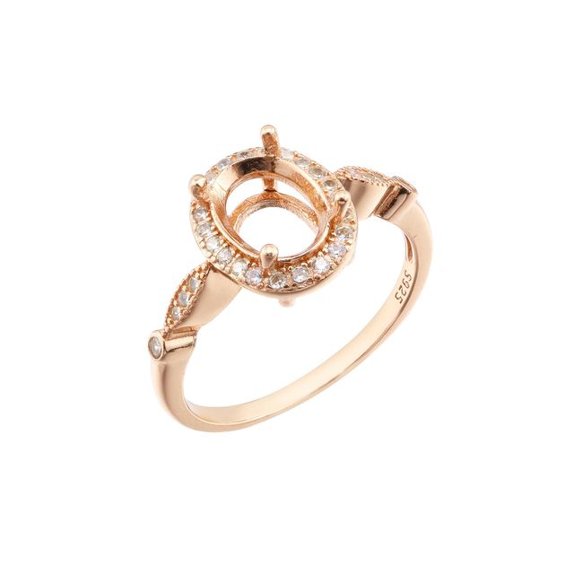 A rose gold vintage style oval semi mount.
