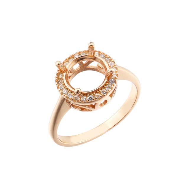 A rose gold round halo semi mount with filigree cutouts.