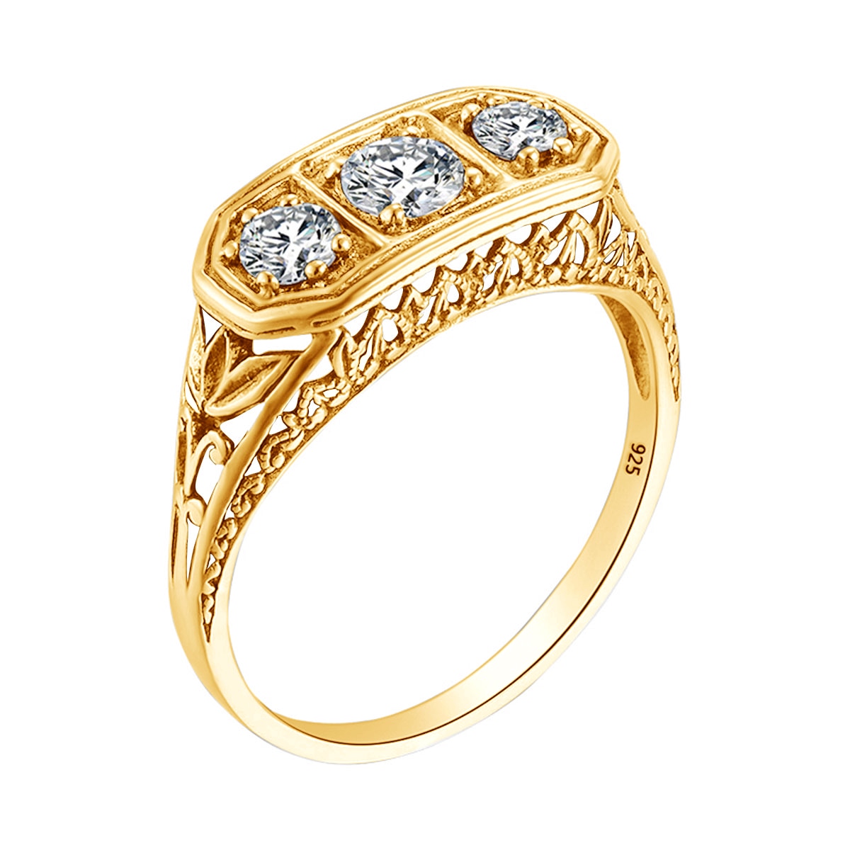 A gold Edwardian style vintage filigree 3 stone ring.