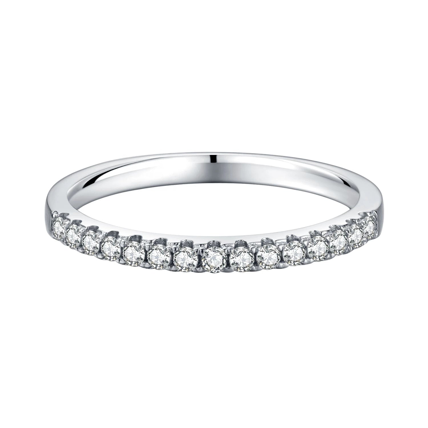 A silver eternity wedding ring prong set with moissanites
