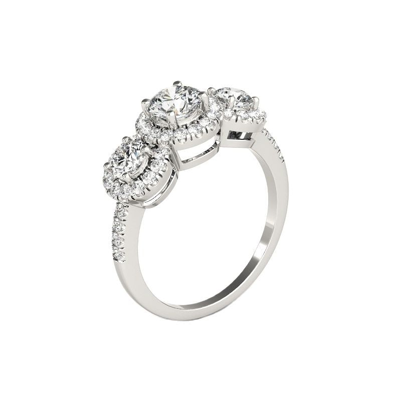 A silver 3 stone halo ring.