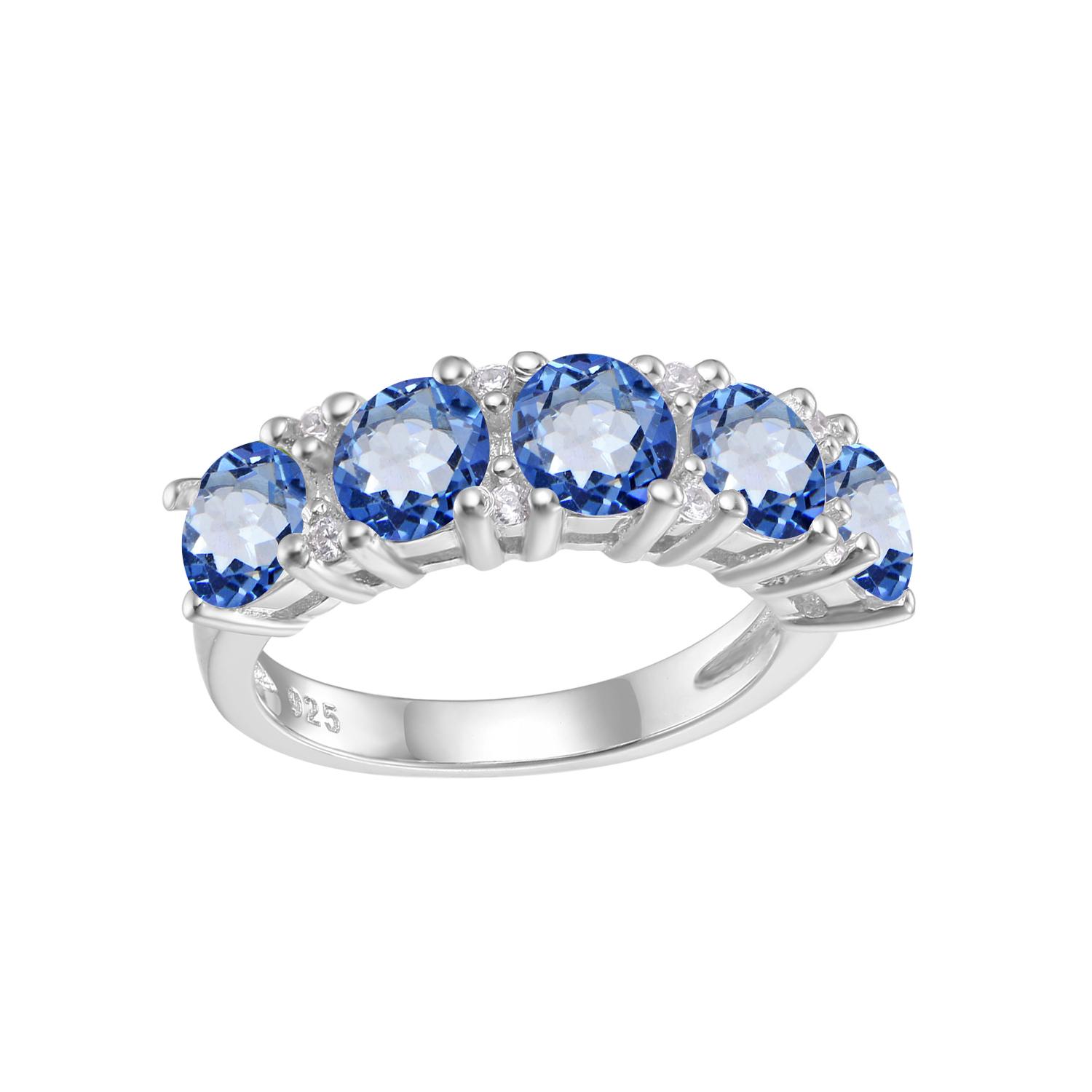 A silver ring set with five dark blue gems.