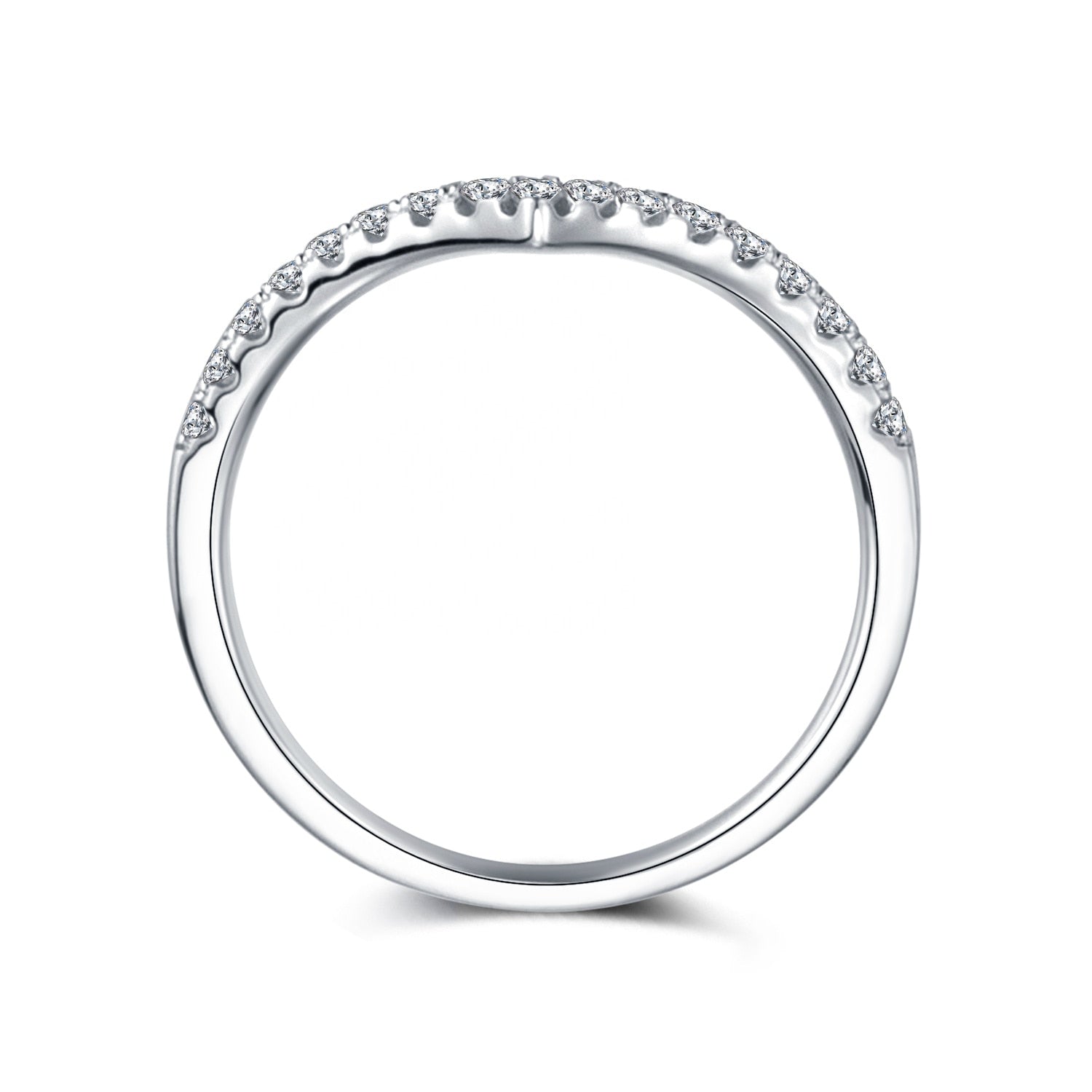 A silver chevron style eternity wedding ring prong set with moissanites