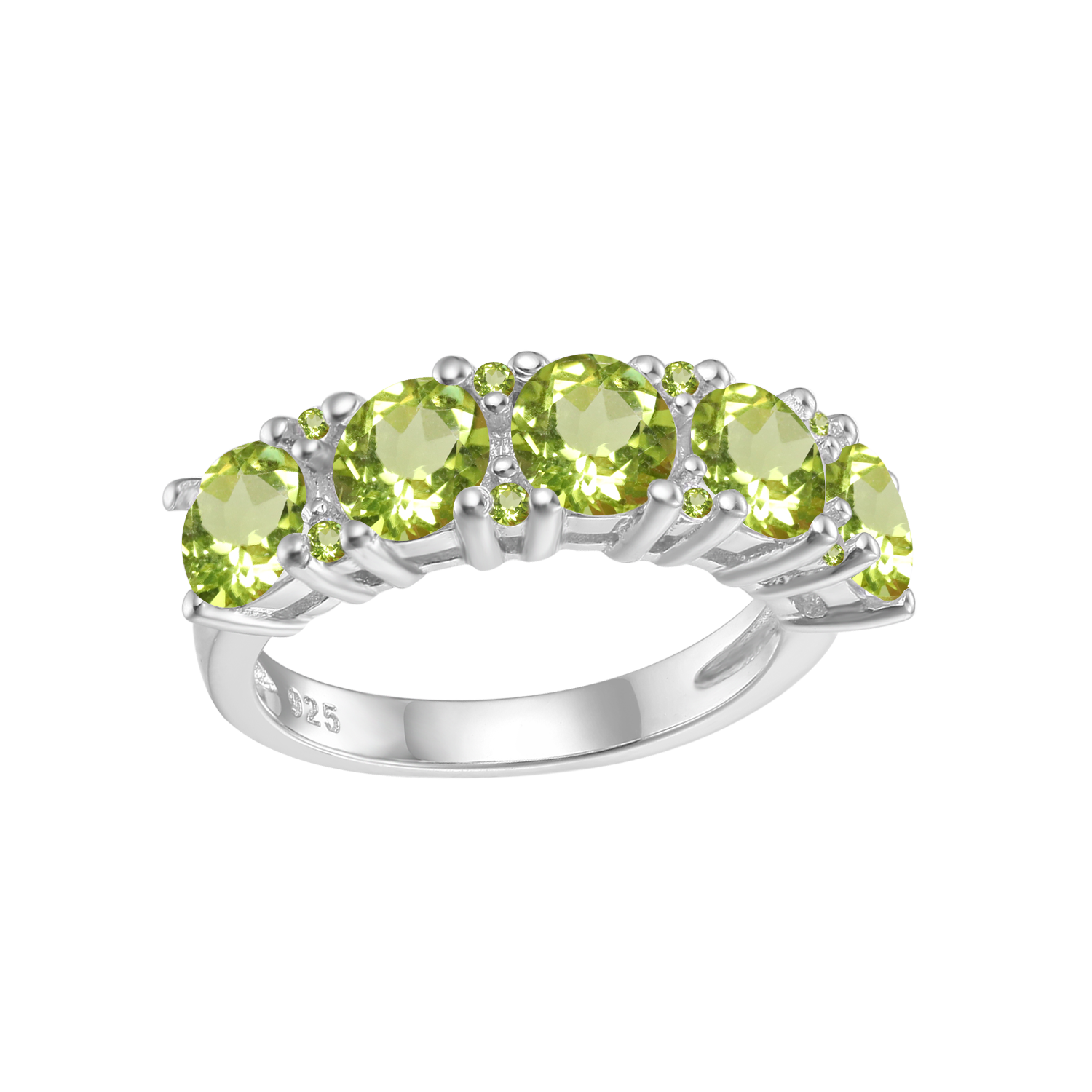A silver ring set with five light green gems.