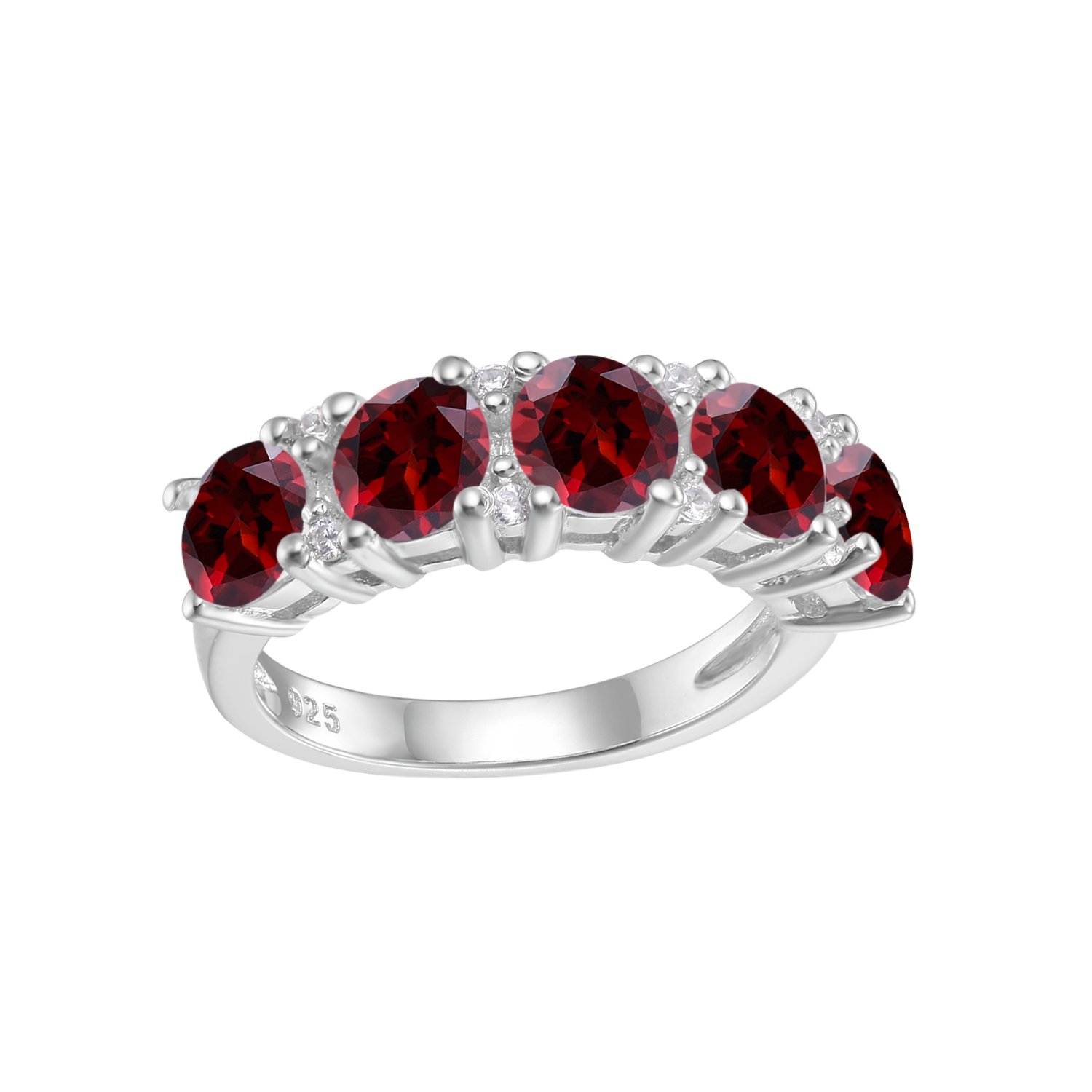 A silver ring set with five dark red gems.