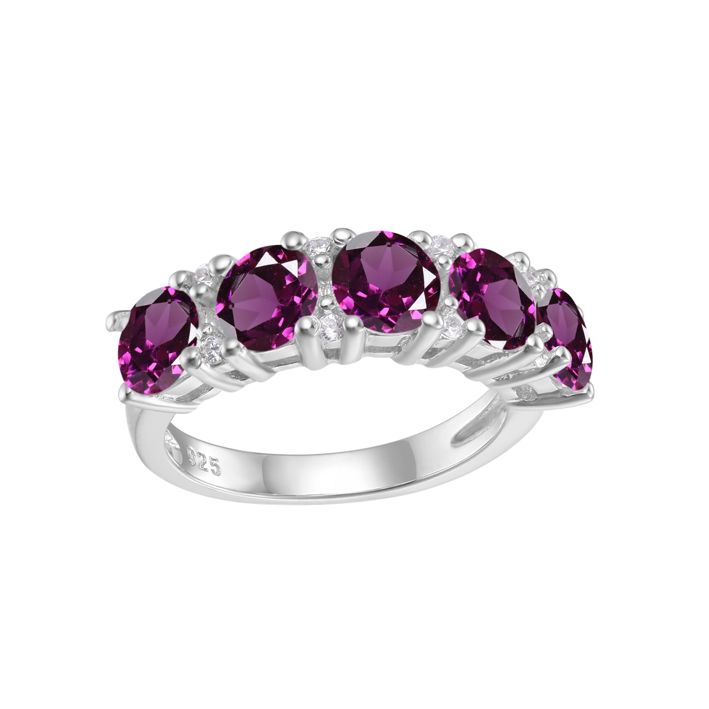 A silver ring set with five burgundy gems.