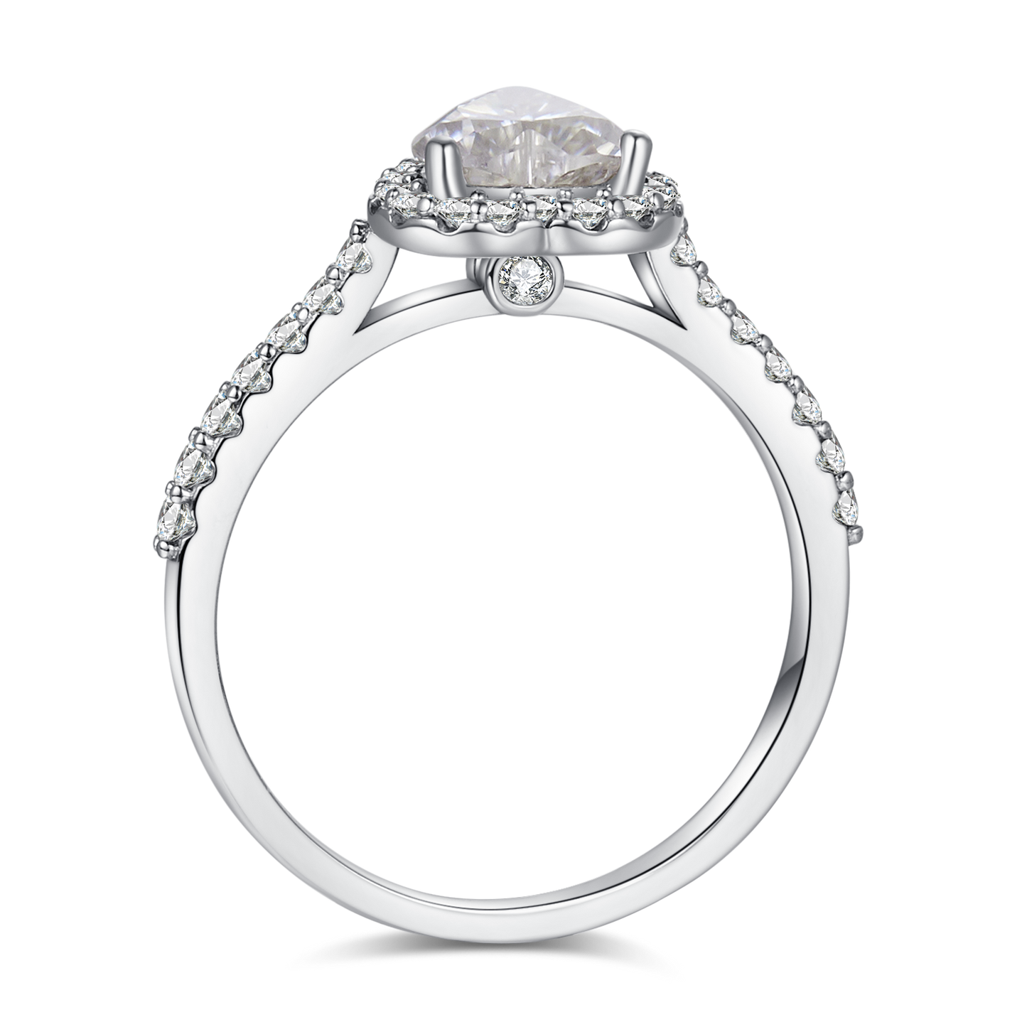 A silver trillion cut halo engagement ring with pave band.