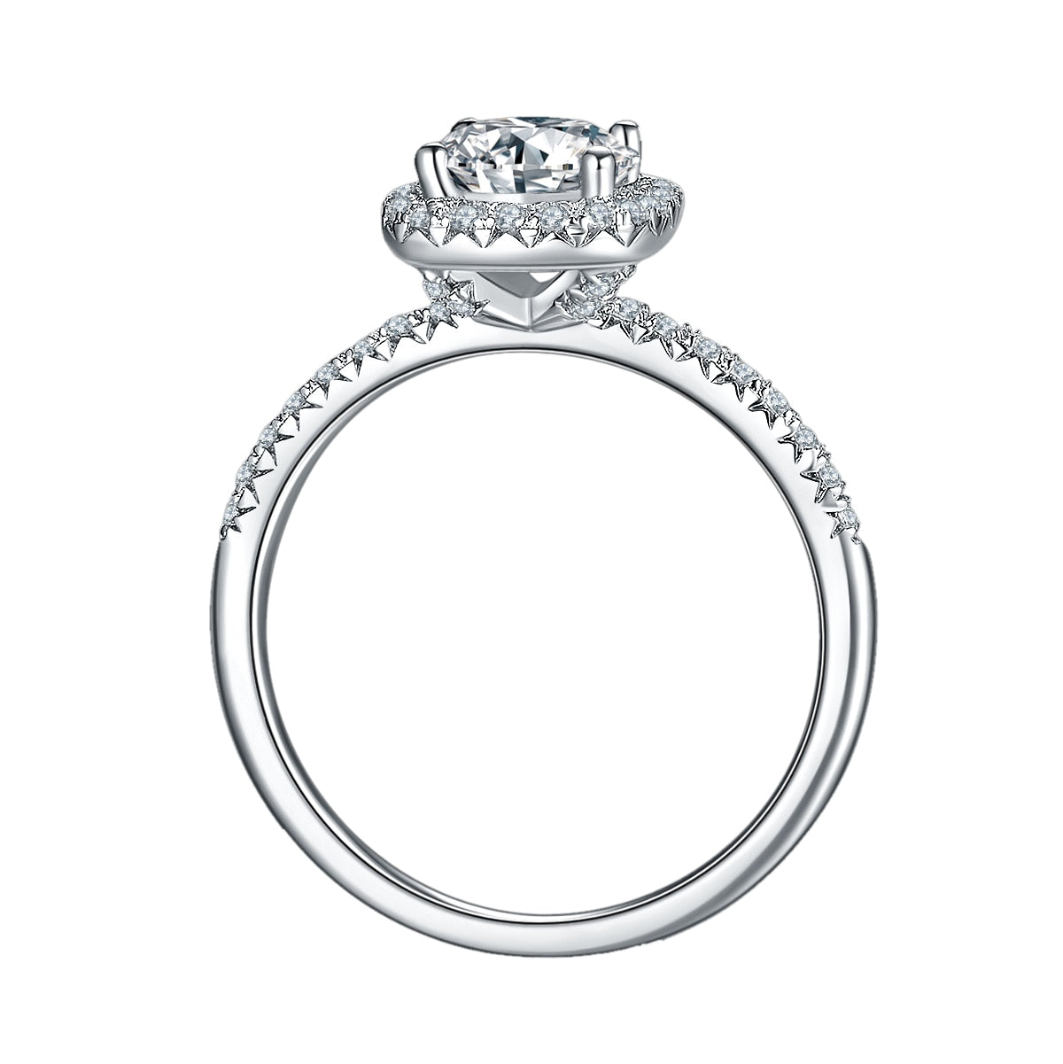A silver squared halo engagement ring with pave band.