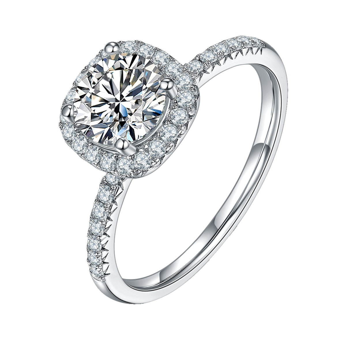 A silver squared halo engagement ring with pave band.
