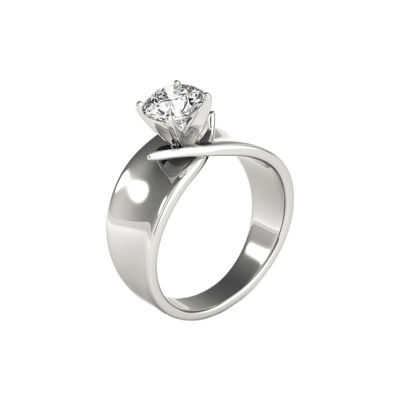 A silver thick band set with a round moissanite.