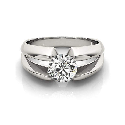 A silver thick split shank ring, tension set with a round moissanite.