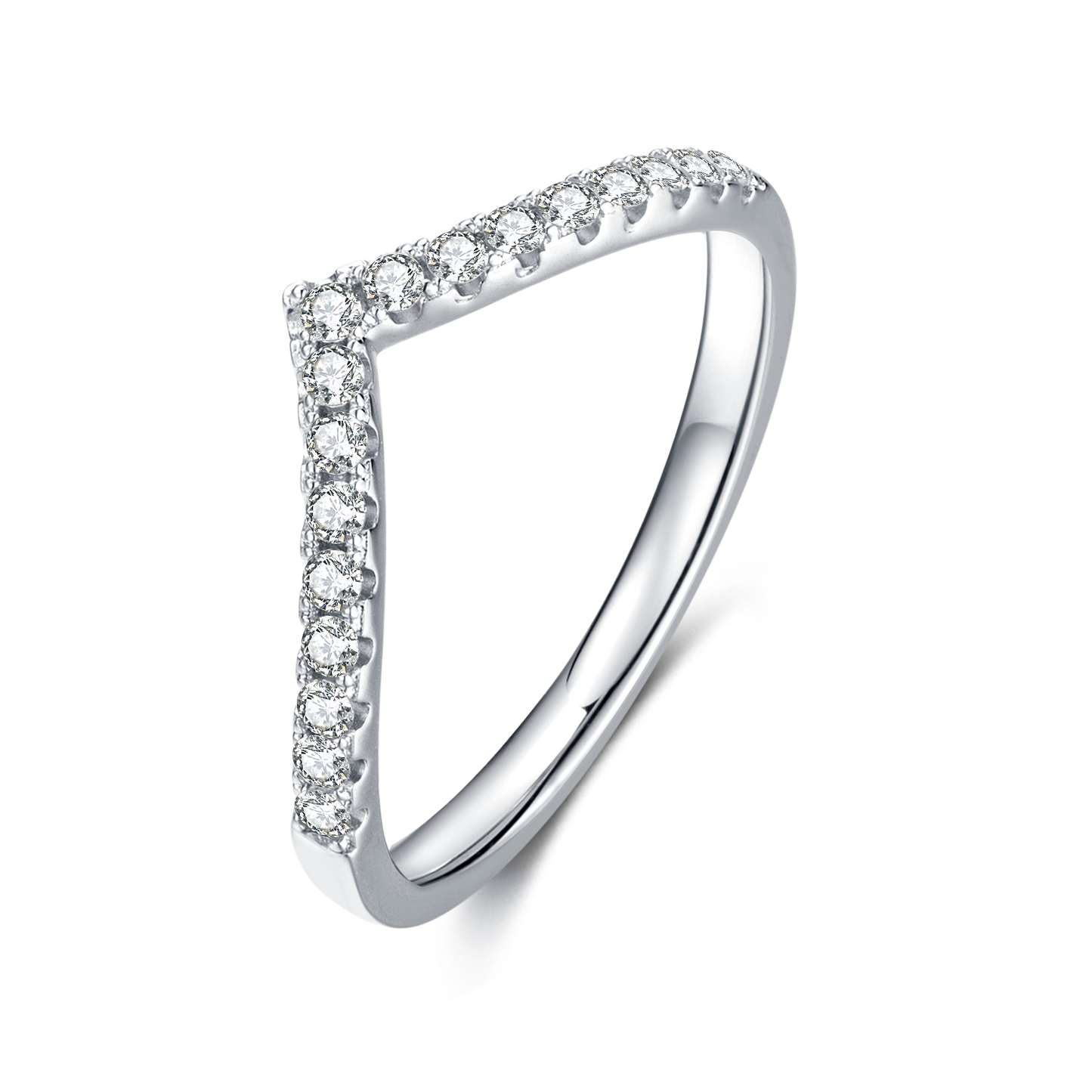 A silver chevron style eternity wedding ring prong set with moissanites