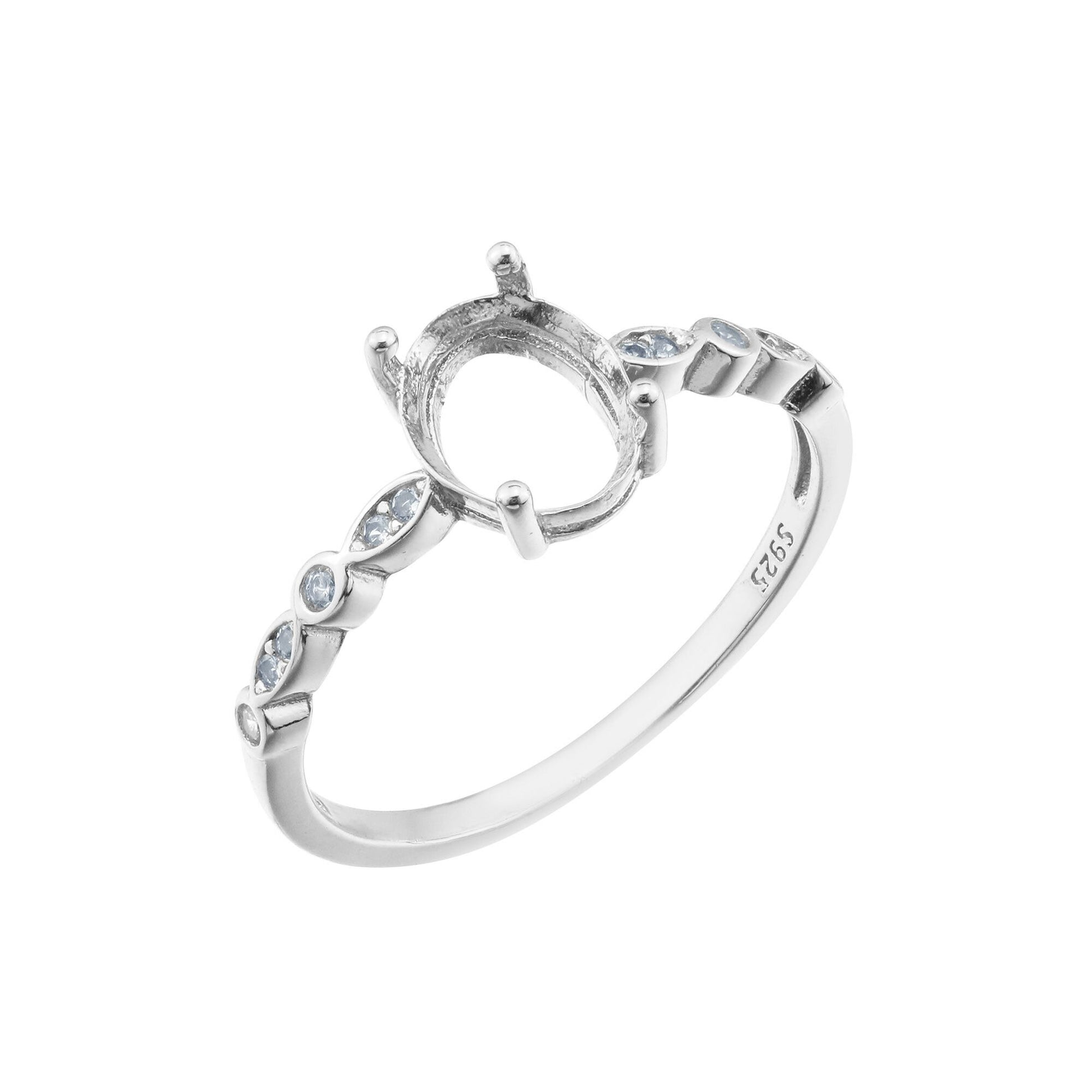A silver oval art deco vintage setting with alternating bezel marquise and round gems on the sides.