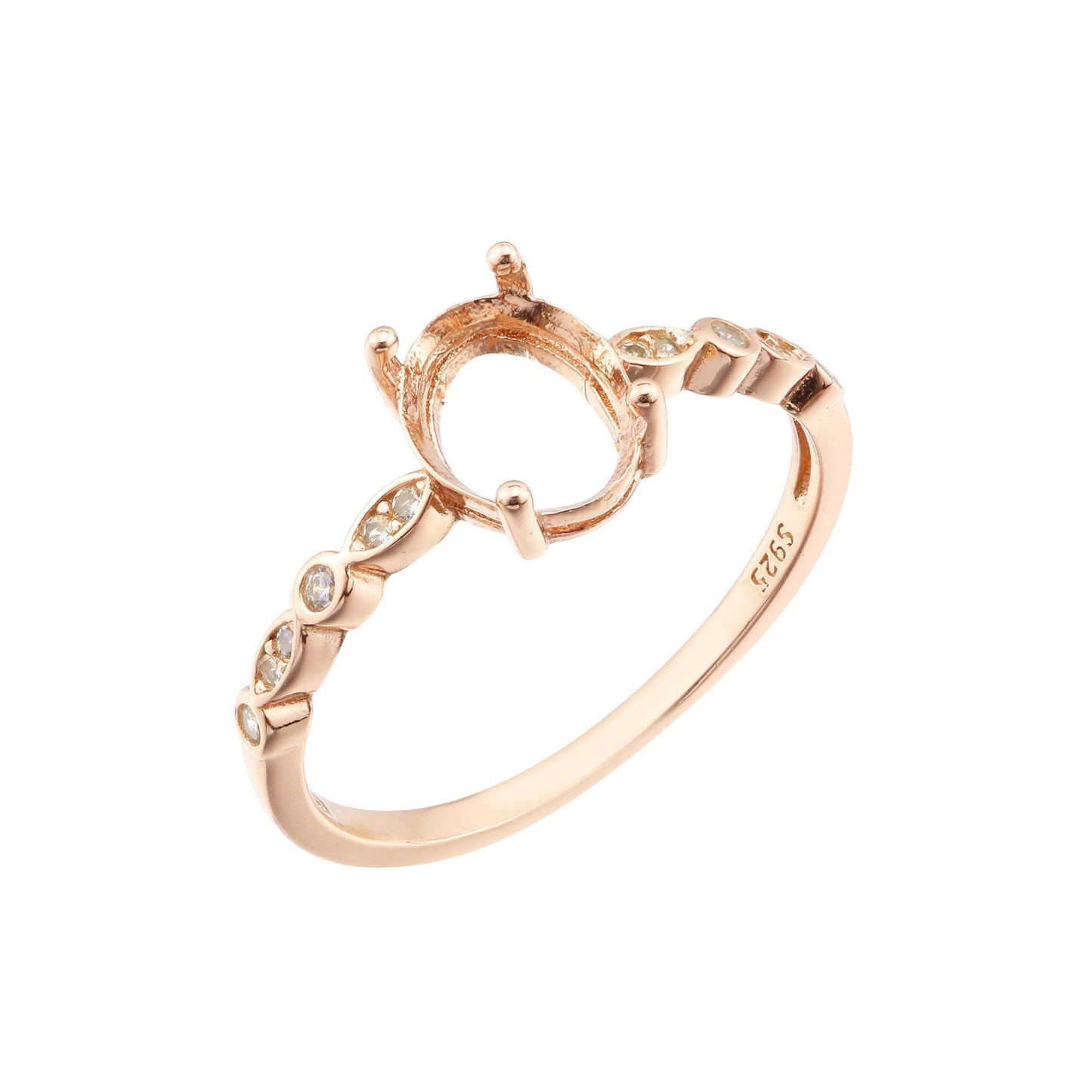 A rose gold oval art deco vintage setting with alternating bezel marquise and round gems on the sides.