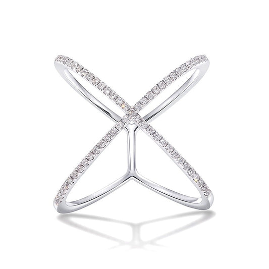 A silver crisscross style pave ring.