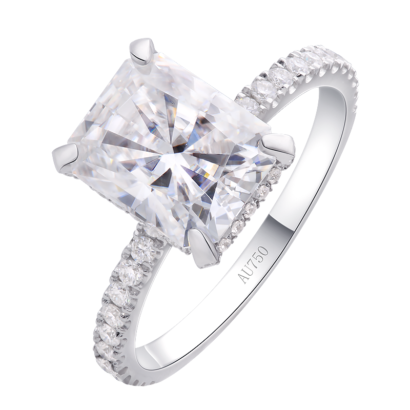 A silver 4CT radiant cut moissanite set in a hidden halo setting with a pave band.