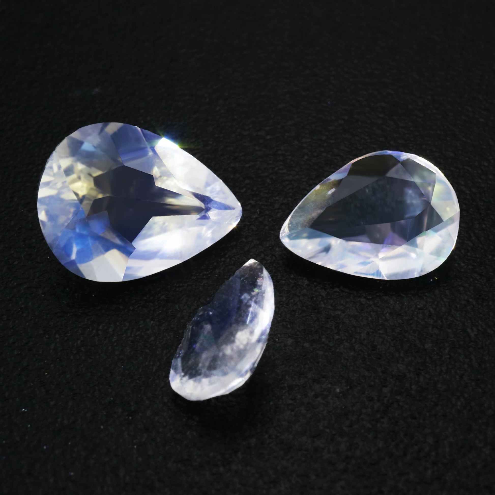 Three sparkling tear drop cut blue moonstones.