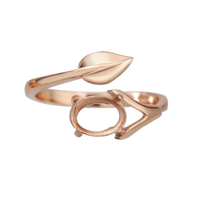 A rose gold wrap around style oval semi mount with a silver leaf at the other end.