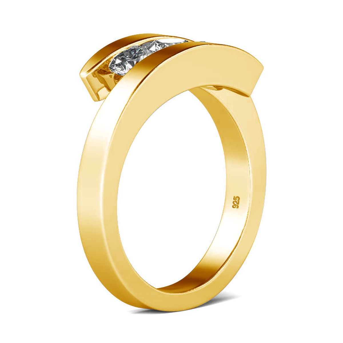 A gold 3 stone bypass ring tension set with three 0.3CT moissanites floating.