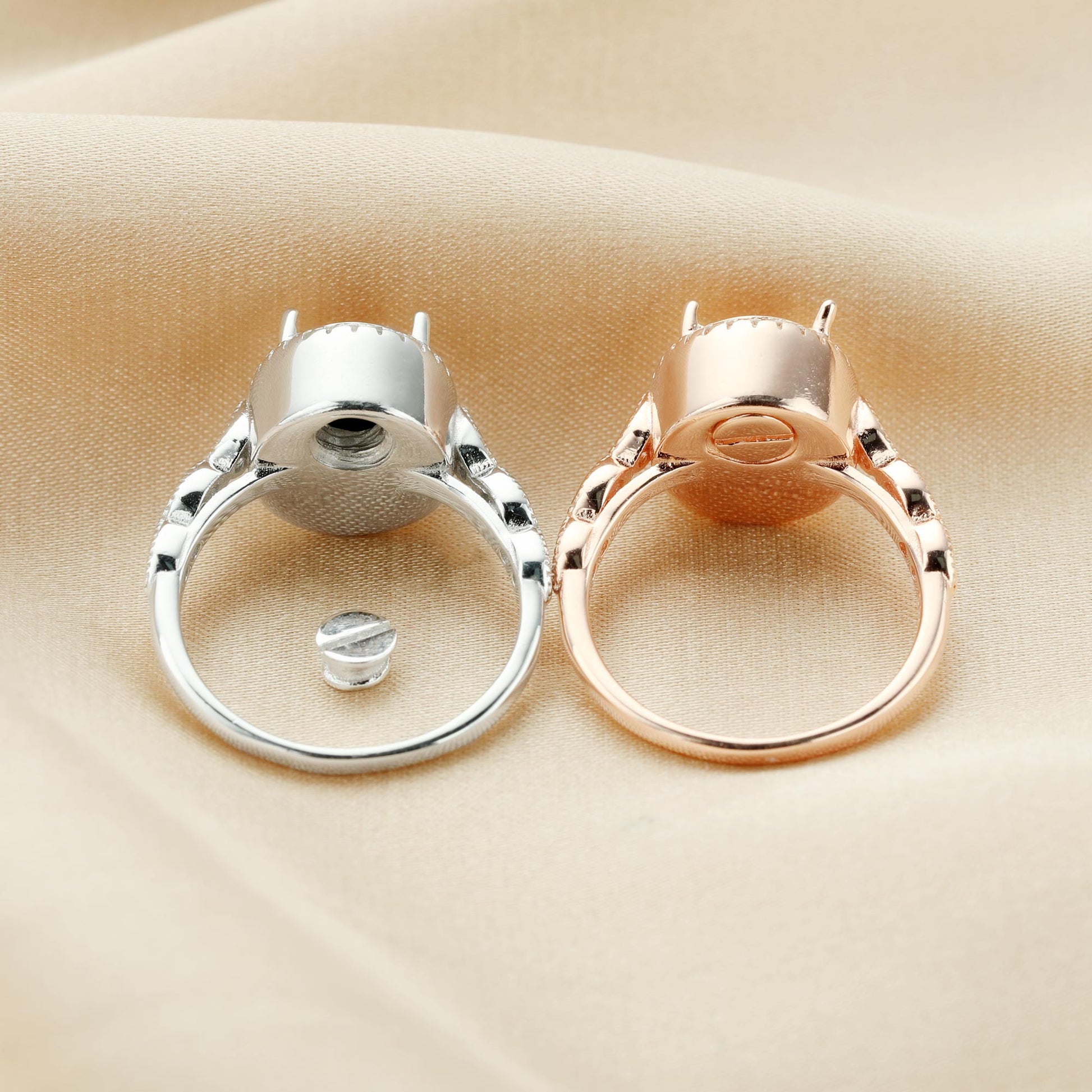 One silver and one rose gold halo art deco band style semi mount with a curved solid base to hold ashes.