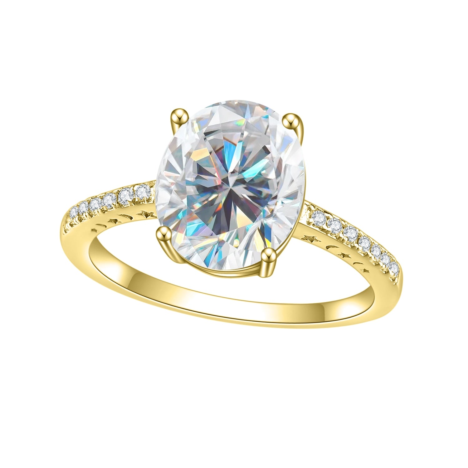 A gold pave band with moon and star cut outs on each side, set with a 3CT oval moissanite.