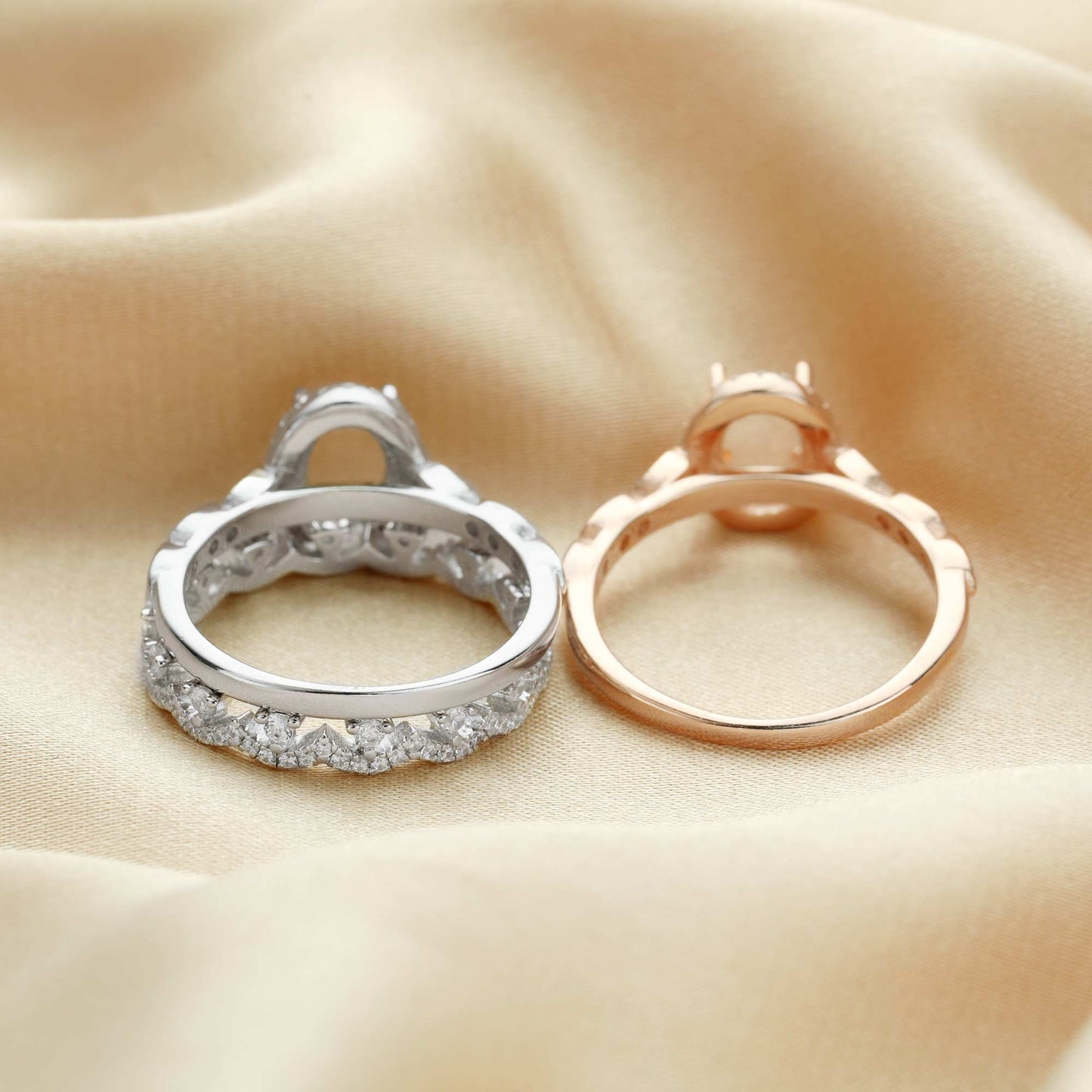 Silver 3 Piece wedding semi mount set  and rose gold halo engagement ring.