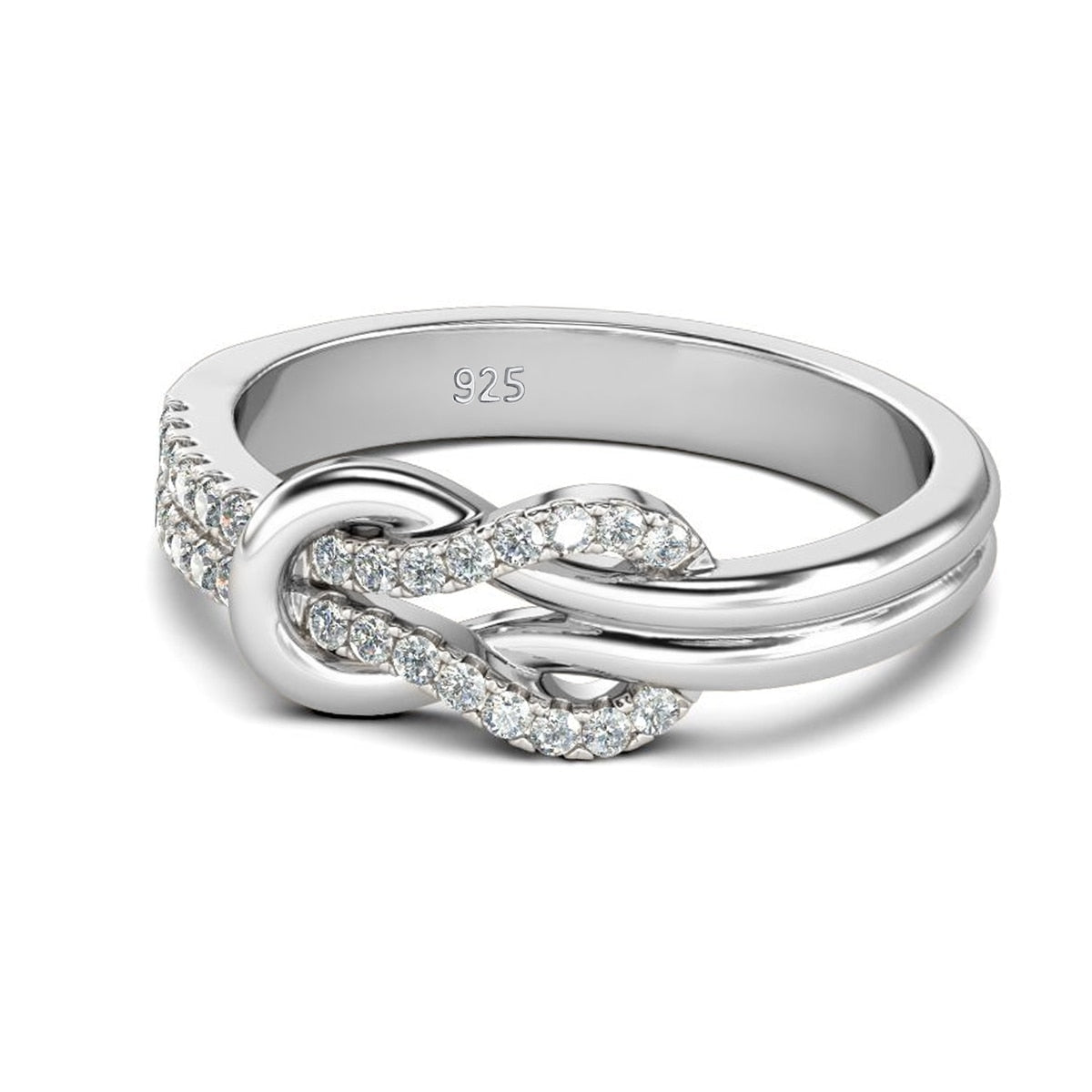 A silver half pave infinity knot ring.