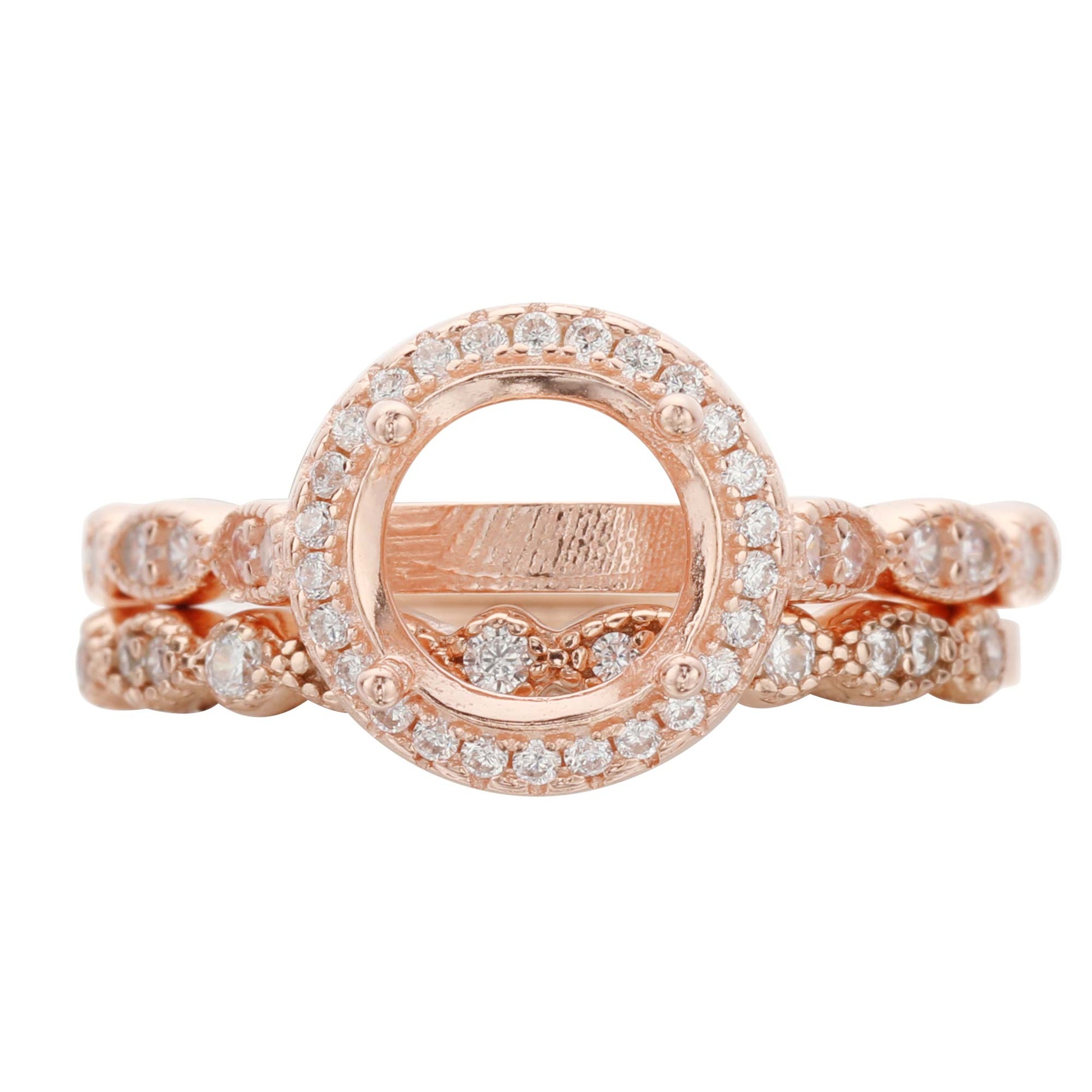A rose gold art deco scalloped halo semi mount with a matching art deco band.