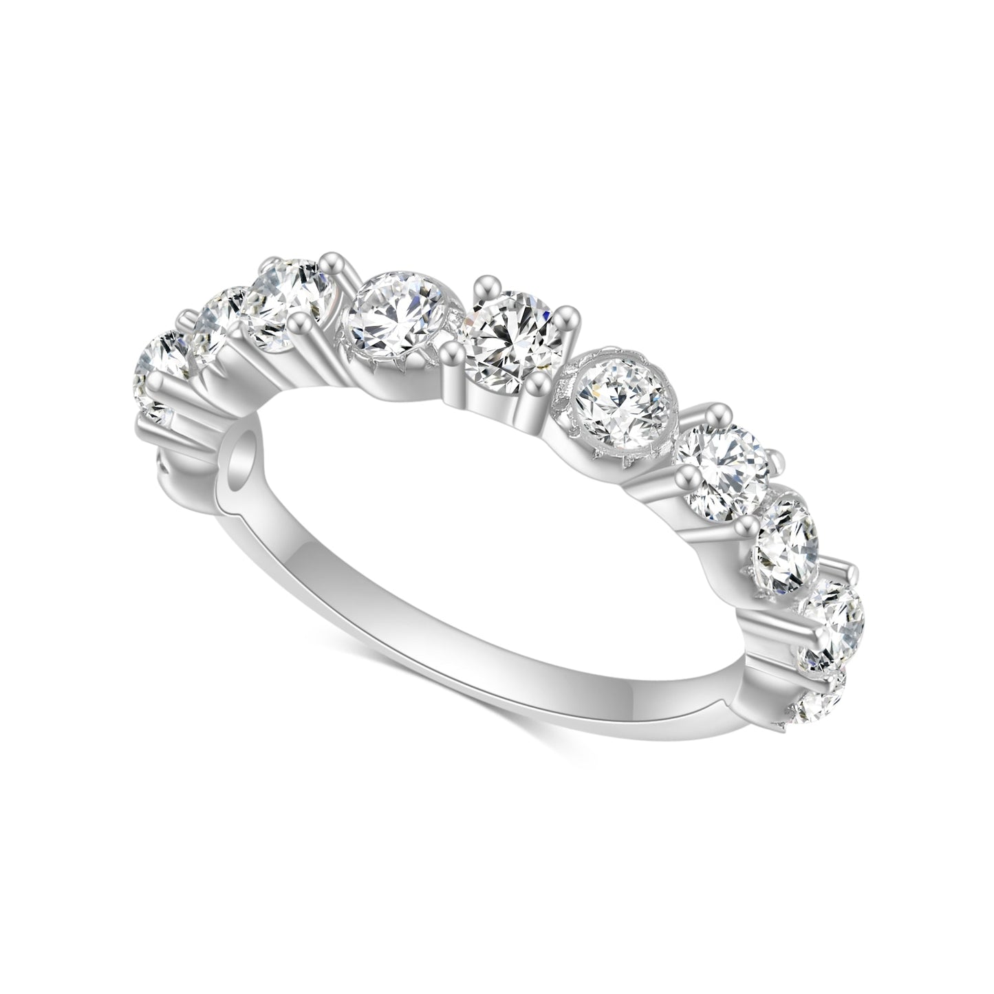 A silver wedding ring set with round moissanites, alternating between prong and bezel set.