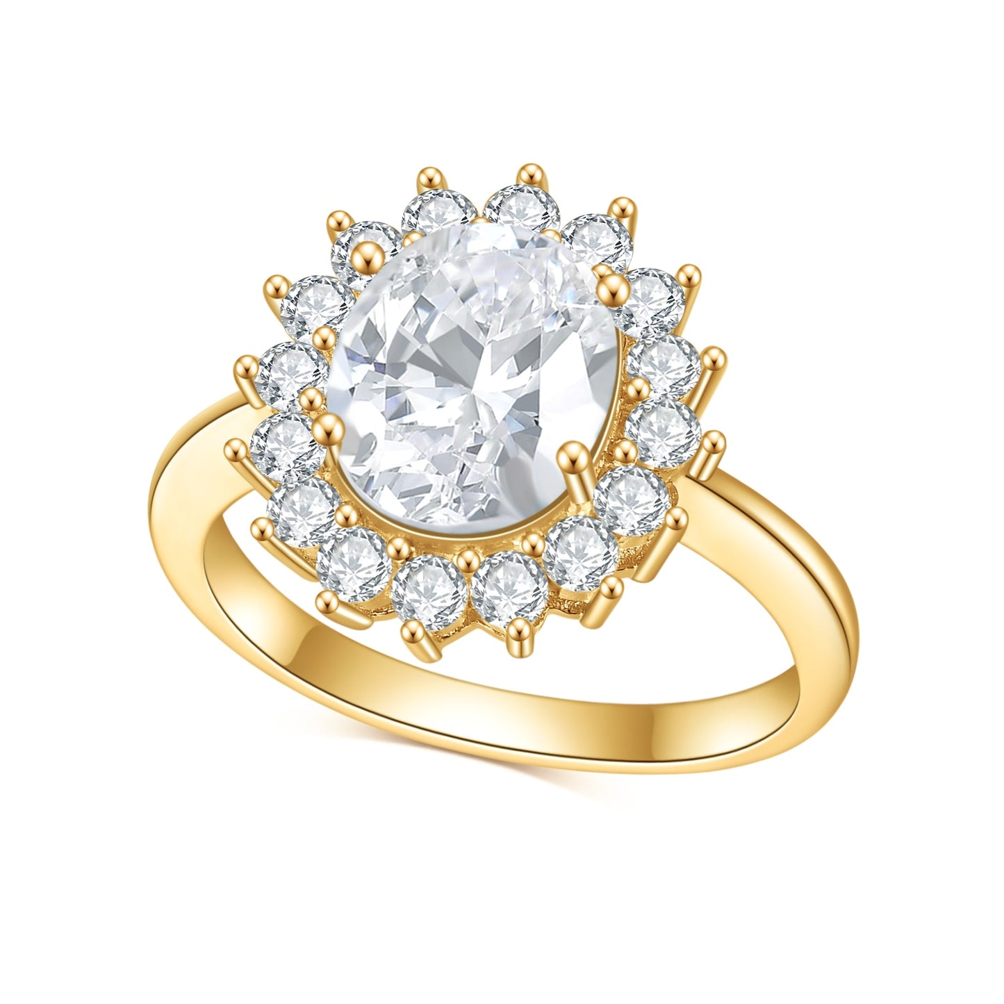 A gold halo ring set with a 3CT oval cut moissanite set in the middle of a ring of clear gems.