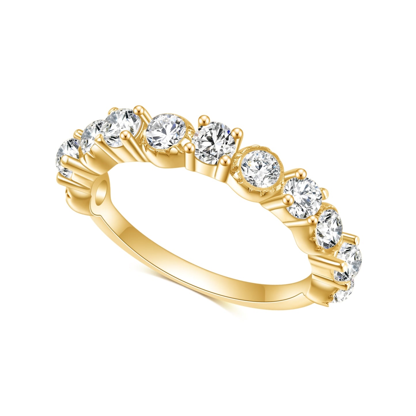 A gold wedding ring set with round moissanites, alternating between prong and bezel set.