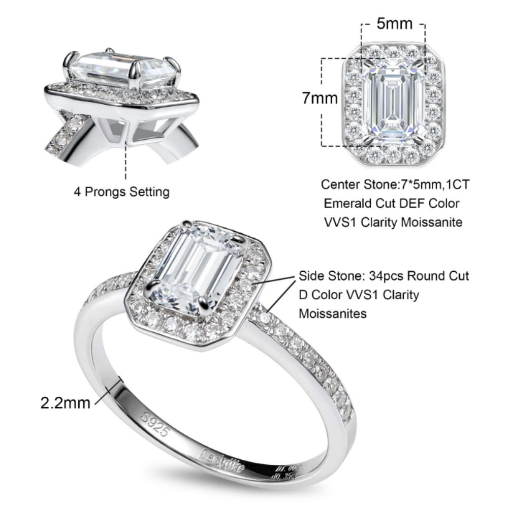 A silver emerald cut halo ring with stone sizes and amounts.