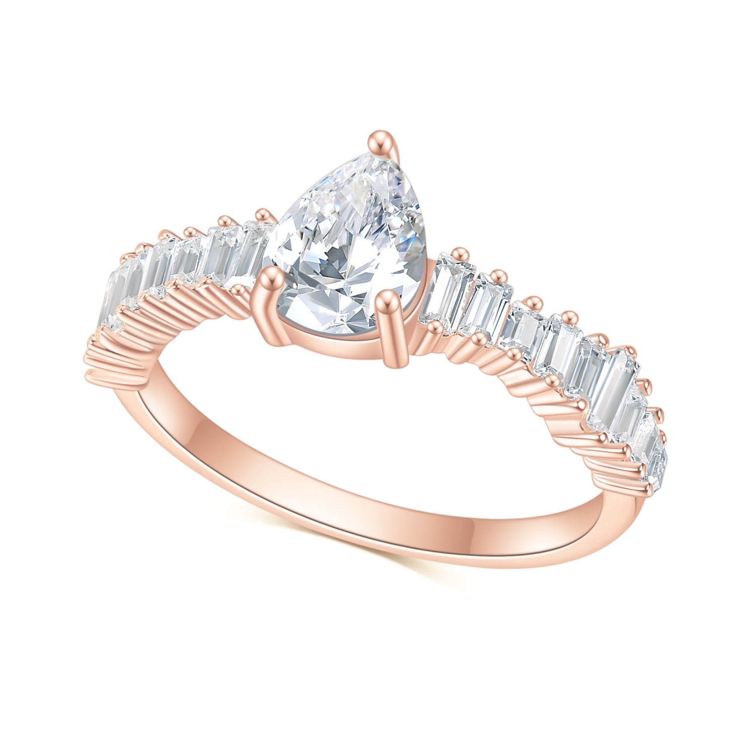 A rose gold ring with a tear drop shape moissanite on a band of varying side emerald cut gems set horizontally.