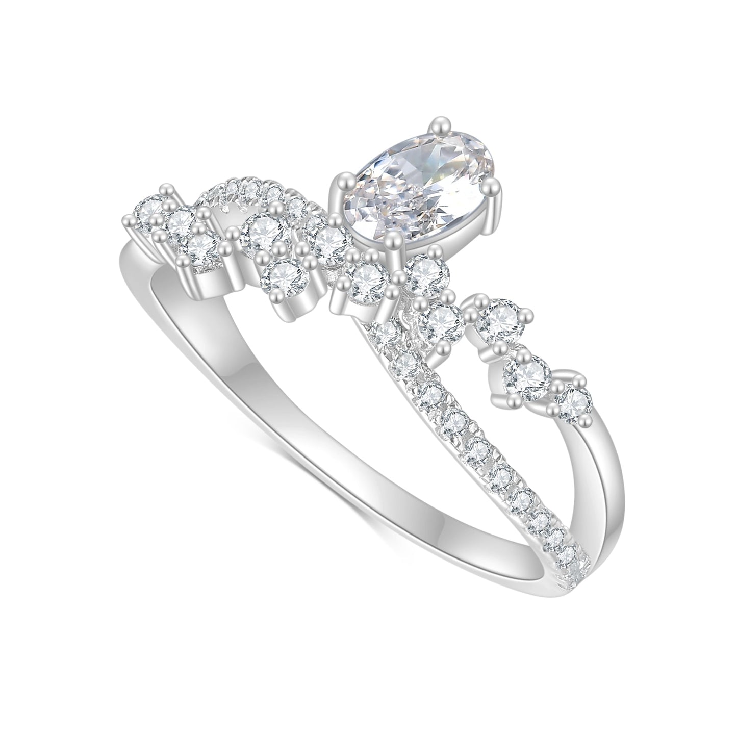 A silver asymmetrical twisted pave band ring with random sized moissanites and set with a oval moissanite.