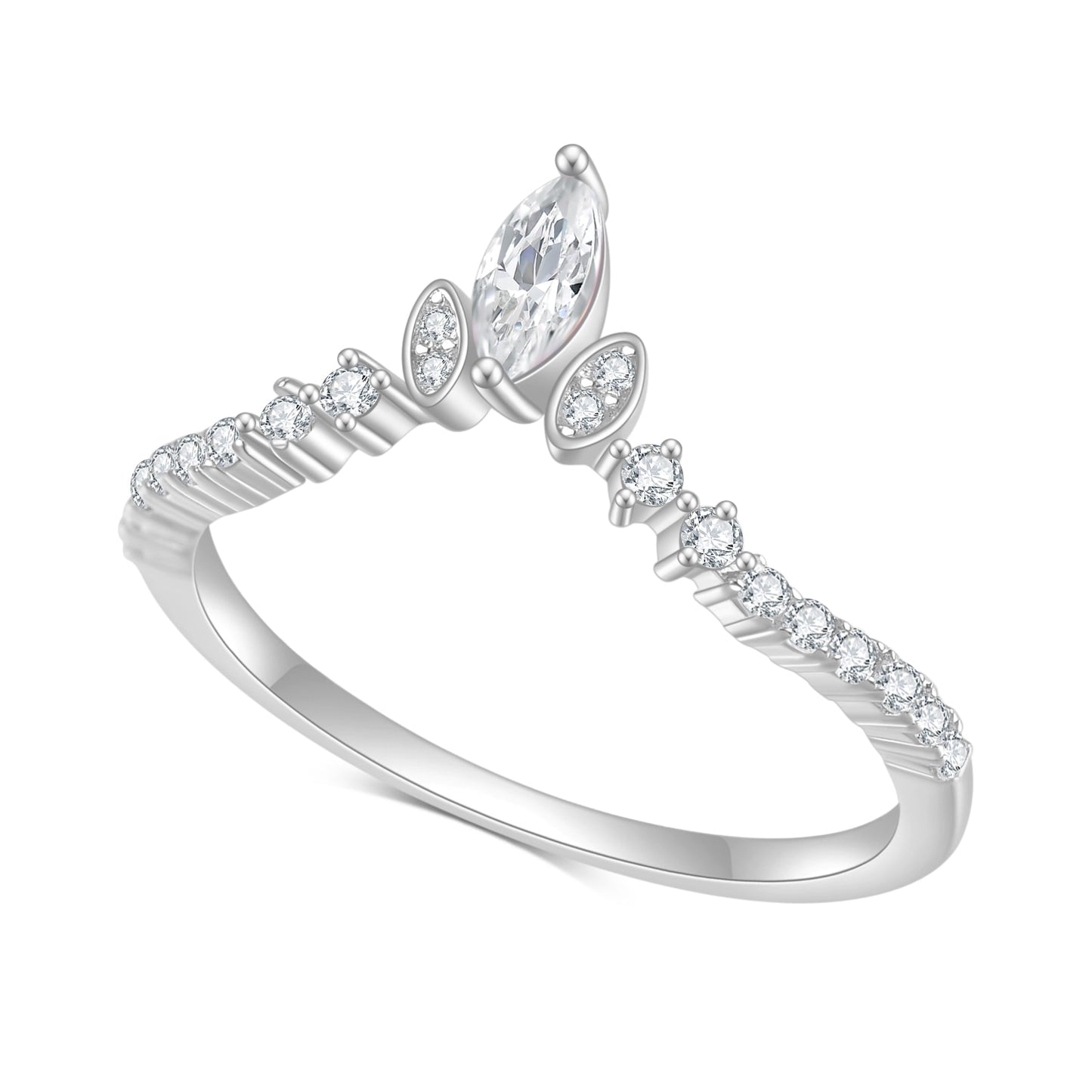 A silver chevron style wedding ring set with several small round moissanites set horizontally and two bezel set moissanites and one larger prong set moissanite at the V.