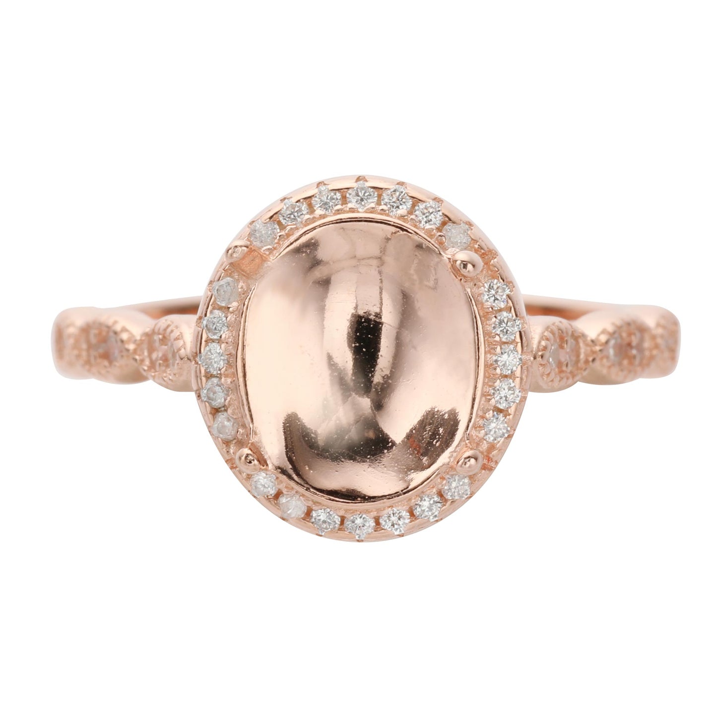 A rose gold halo art deco band style semi mount with a curved solid base to hold ashes.