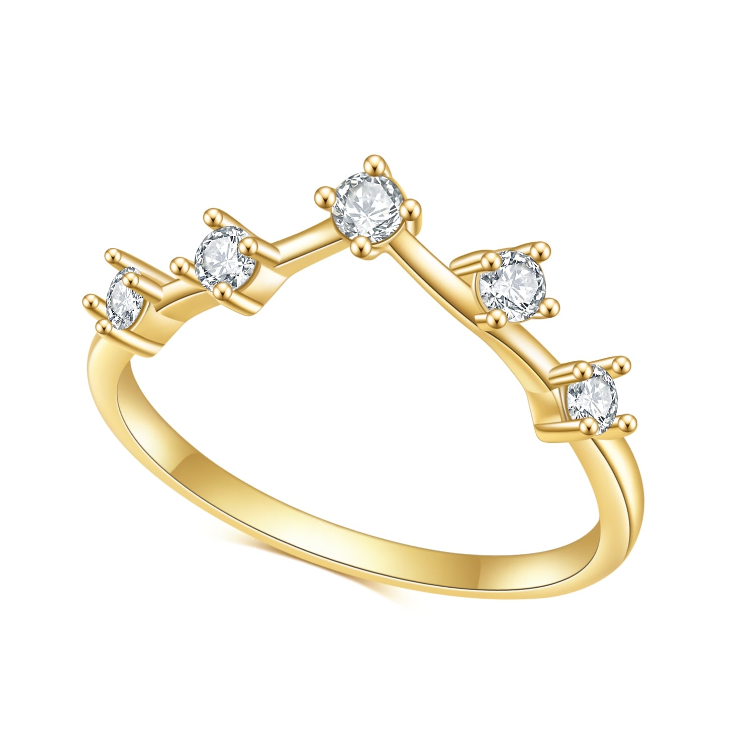A gold chevron style wedding ring set with 5 small round spaced apart moissanites.