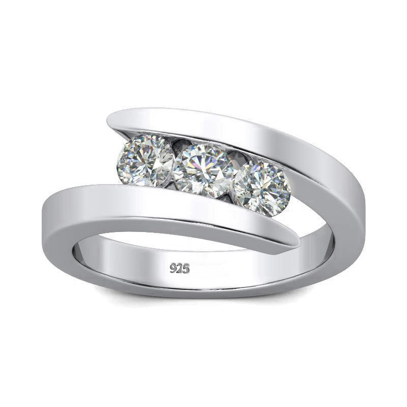 A silver 3 stone bypass ring tension set with three 0.3CT moissanites floating.