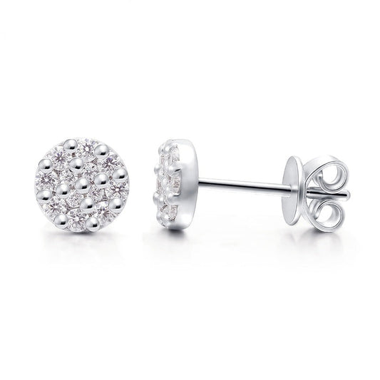 Round Iced out silver moissanite earring studs.