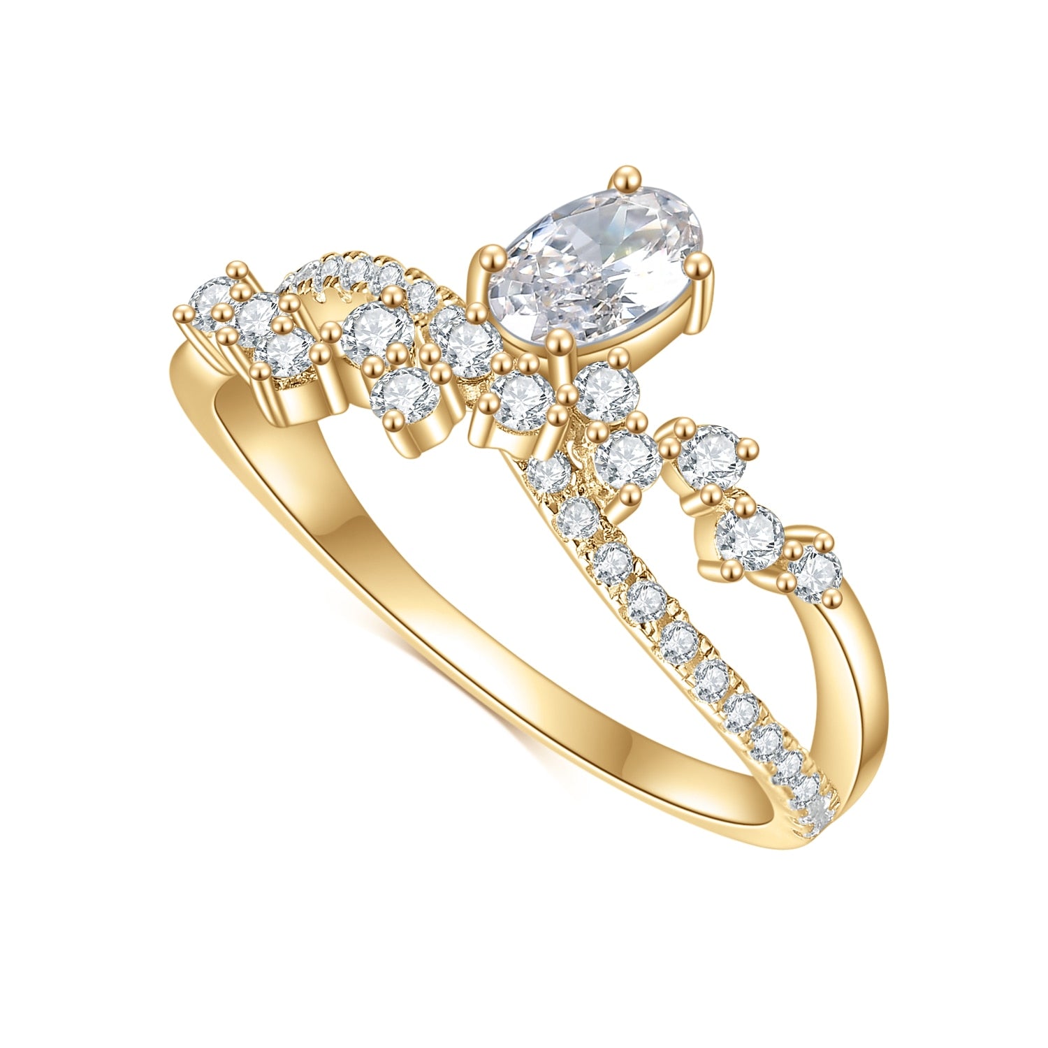 A gold asymmetrical twisted pave band ring with random sized moissanites and set with a oval moissanite.