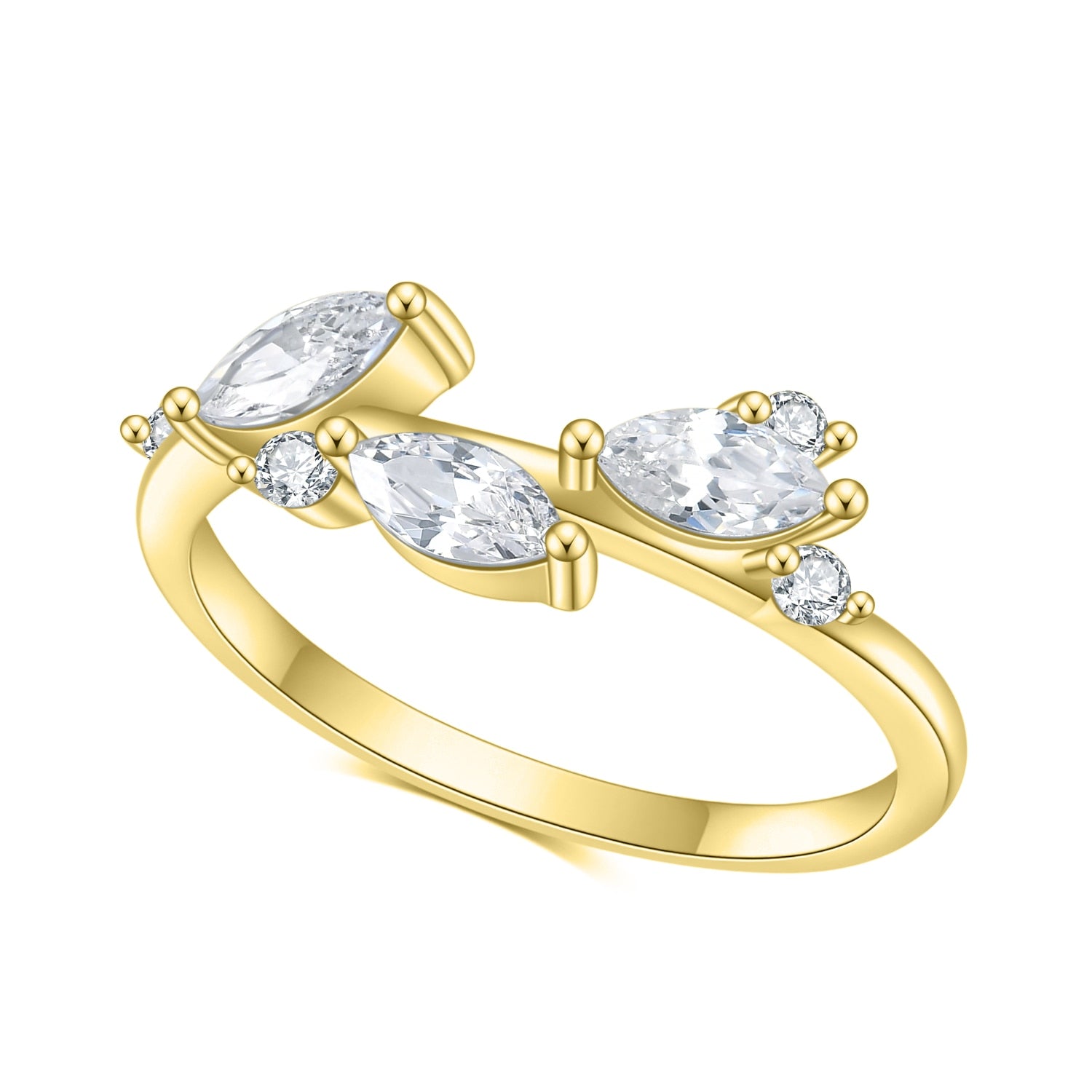 A gold wedding ring with three marquise moissanite set like leaves.