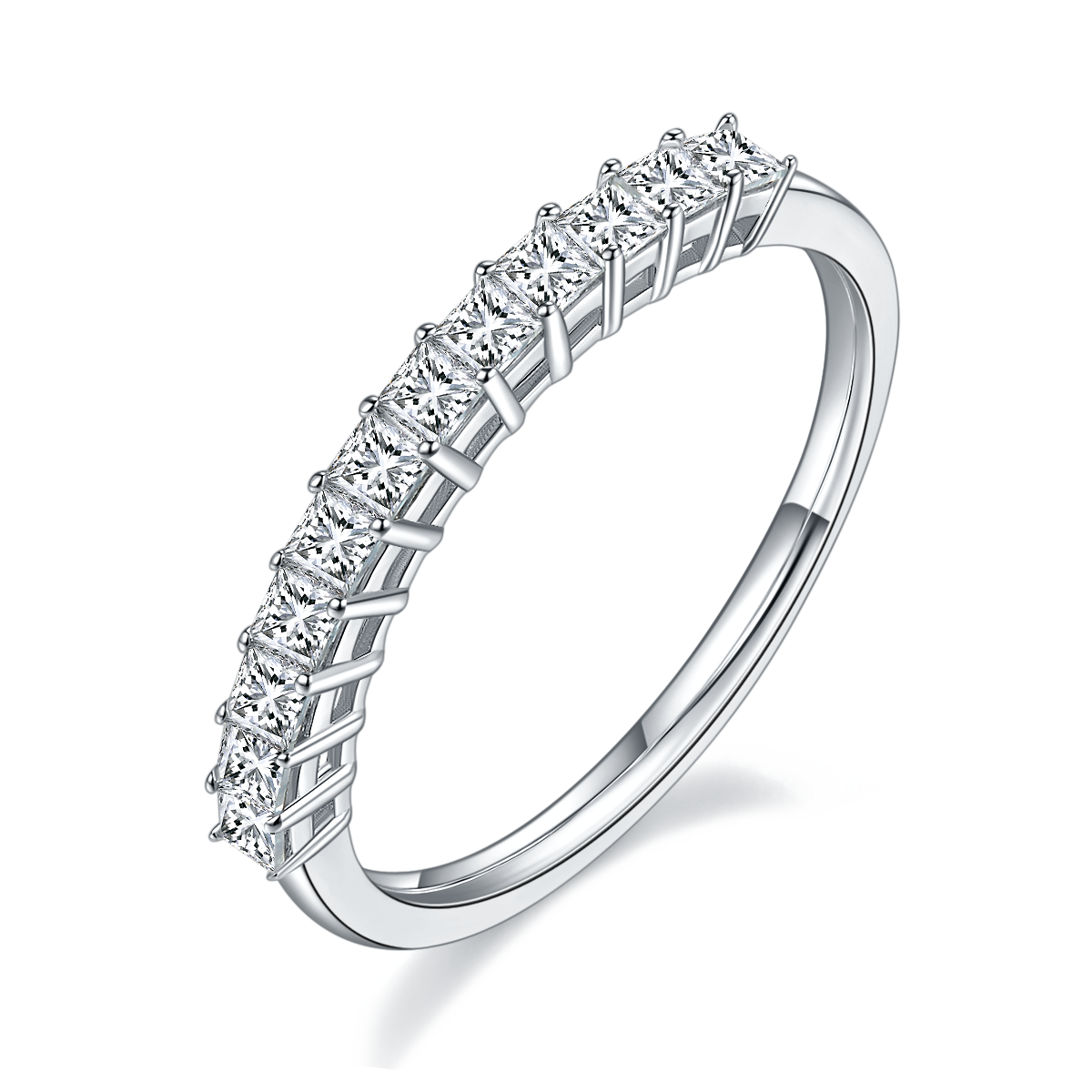 A silver wedding ring set with several small princess cut moissanites.