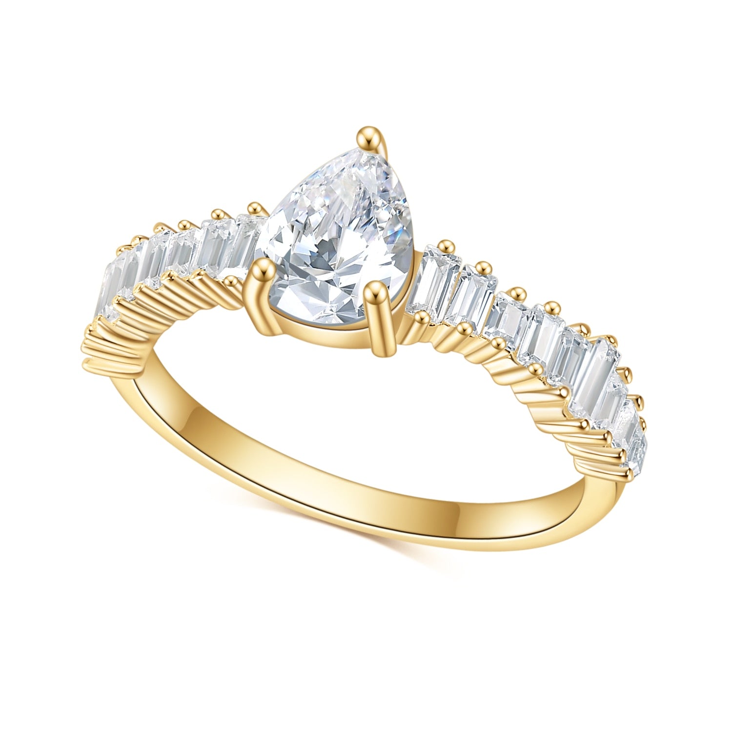 A gold ring with a tear drop shape moissanite on a band of varying side emerald cut gems set horizontally.